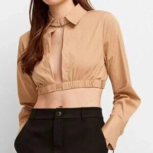90s Style Collared Long Sleeve Cutout Blouse Top Tan